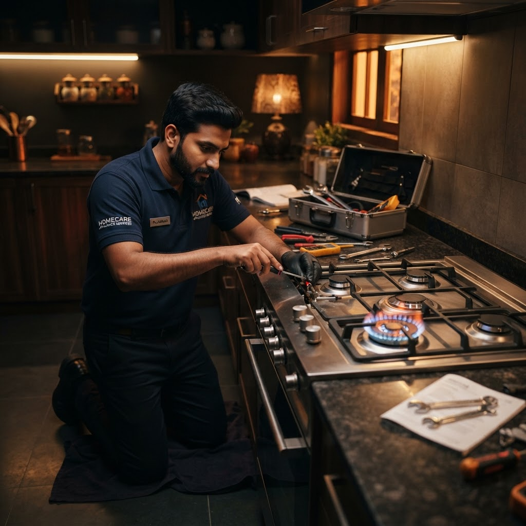 Golden Gas Repair technician repairing a gas stove and hob in a Thane kitchen